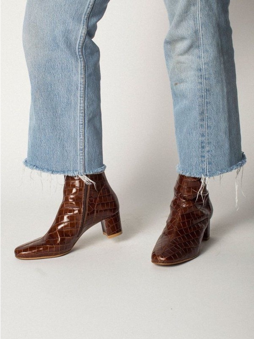 By Far Este Nutella Croc-Embossed Leather Ankle Boots